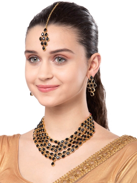 Shining Diva Gold-Plated Black Crystal-Studded Jewellery Set