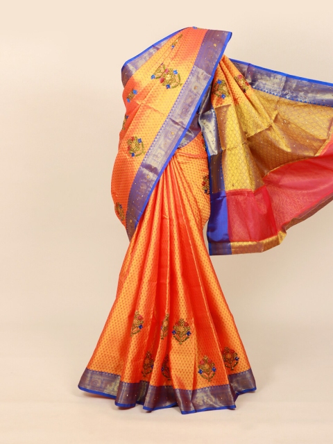 Pothys Orange & Blue Floral Beads and Stones Jute Cotton Saree