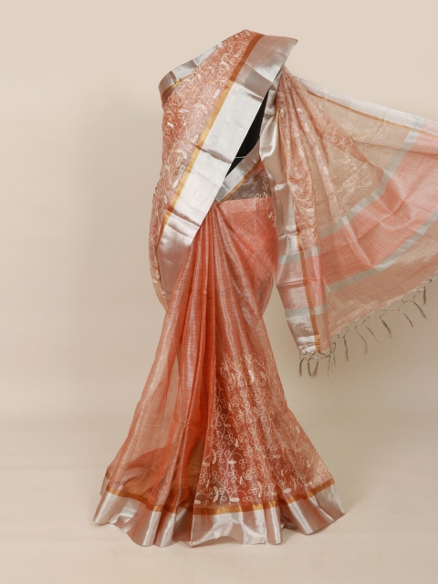 Pothys Brown & Silver-Toned Ethnic Motifs Embroidered Tissue Saree