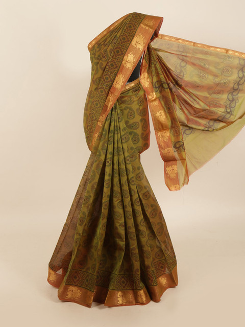 Pothys Olive Green & Gold-Toned Floral Zari Silk Cotton Saree 
Pothys Olive Green & Gold-Toned Floral Zari Silk Cotton Saree