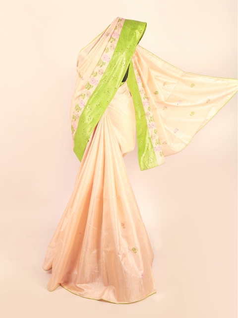 Pothys Cream-Coloured & Green Floral Beads and Stones Jute Silk Saree