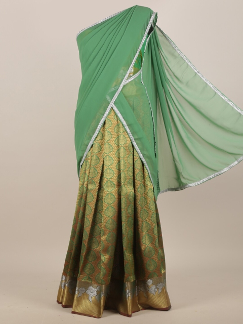 Pothys Green & Brown Floral Zari Half Saree