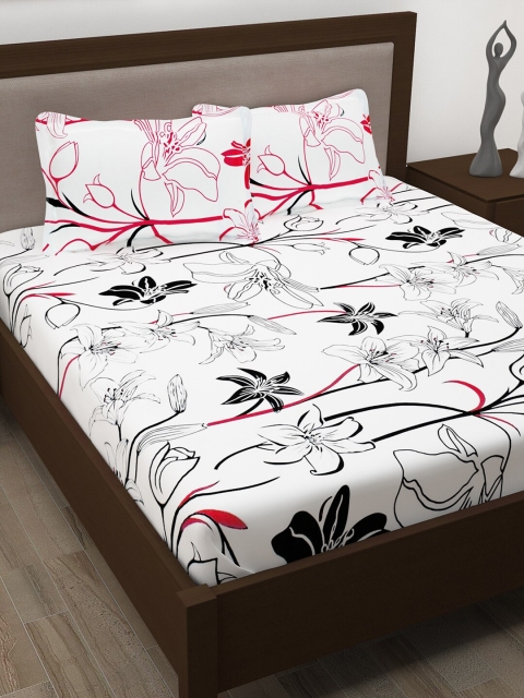 Story@home White & Black Floral 186 TC Queen Bedsheet with 2 Pillow Covers