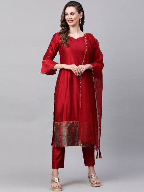 Indo Era Women Maroon Kurta with Trousers & With Dupatta