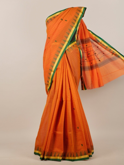 Pothys Orange & Green Checked Zari Pure Cotton Saree