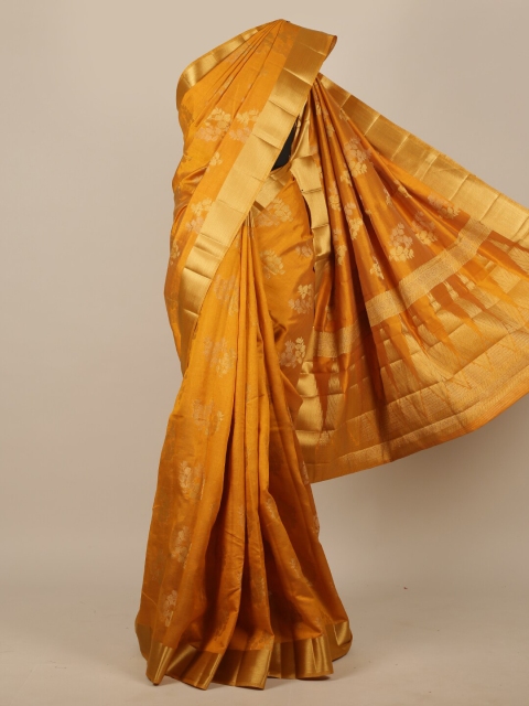 Pothys Mustard Yellow & Gold-Toned Woven Design Jute Silk Saree