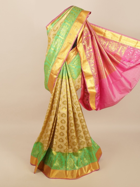 Pothys Cream-Coloured & Green Woven Design Silk Blend Saree