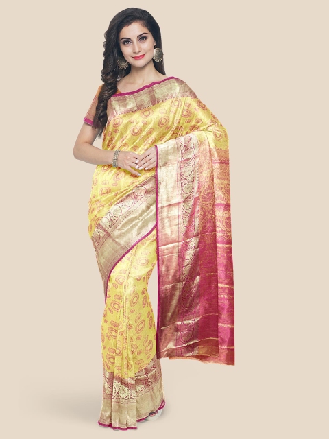 Kalamandir Yellow & Pink Ethnic Motifs Silk Blend Kanjeevaram Saree