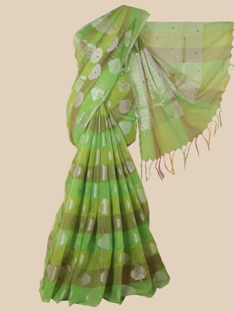 Pothys Green & Brown Floral Mirror Work Saree