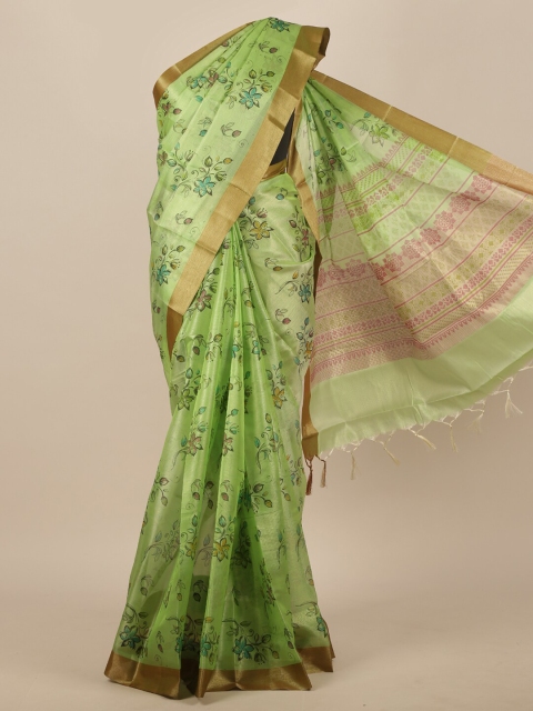 Pothys Green Floral Zari Cotton Blend Saree