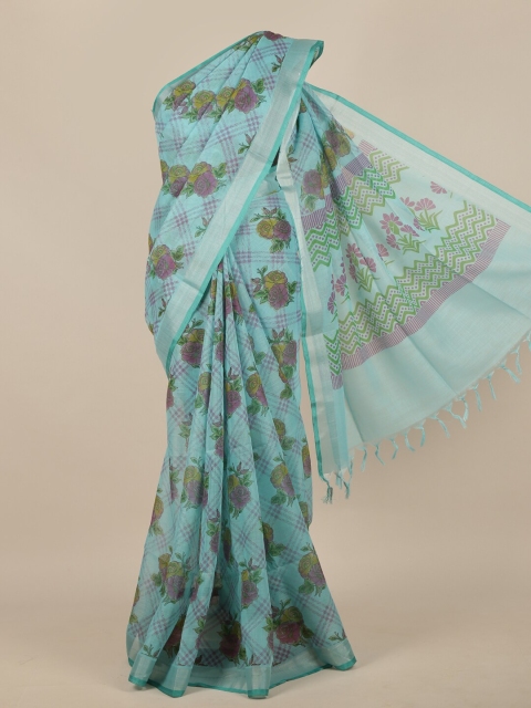 Pothys Blue & Pink Floral Linen Blend Saree