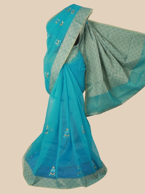 Pothys Blue & Orange Embellished Embroidered Saree