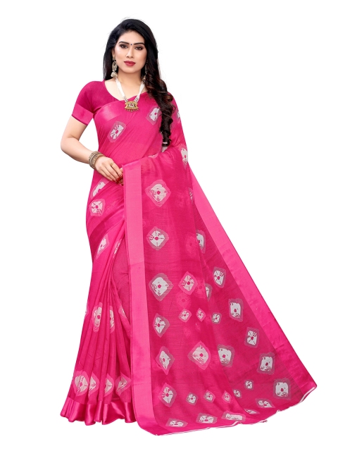 KALINI Pink & White Printed Pure Linen Saree