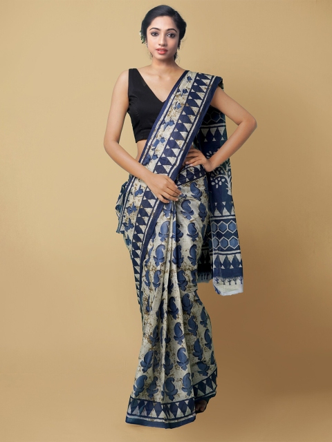 Unnati Silks White & Navy Blue Paisley Pure Cotton Kovai Saree