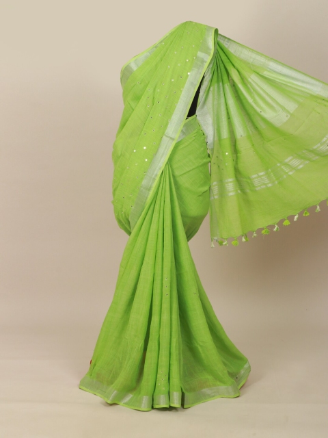 Pothys Green & Silver-Toned Embellished Mirror Work Linen Blend Saree