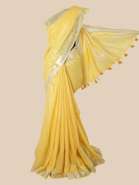 Pothys Yellow & Silver-Toned Mirror Work Jute Cotton Saree