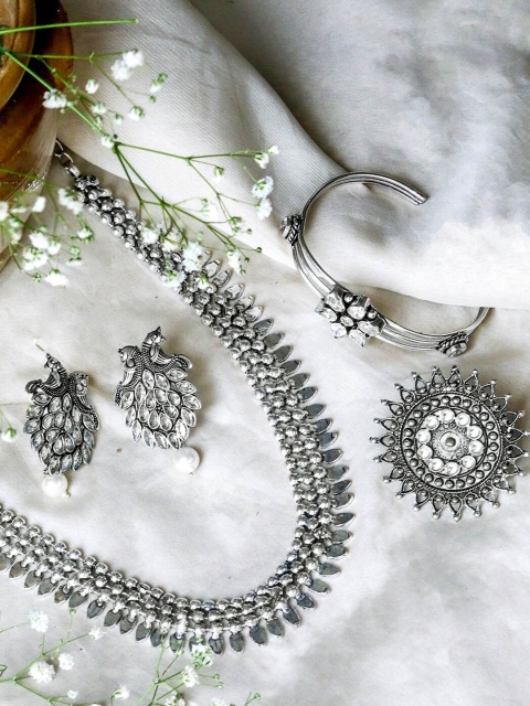 TEEJH Oxidised Silver-Toned & White Stone-Studded & Beaded Jewellery Set