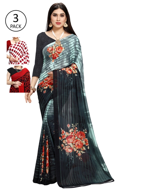 KALINI Pack of 3 Poly Georgette Sarees, White