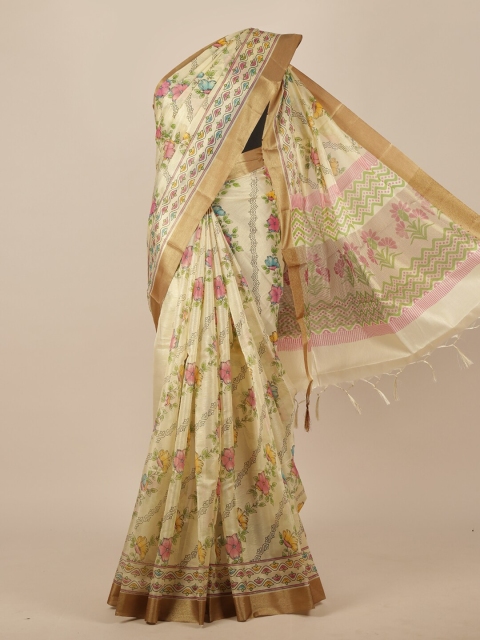 Pothys Cream-Coloured & Pink Floral Saree