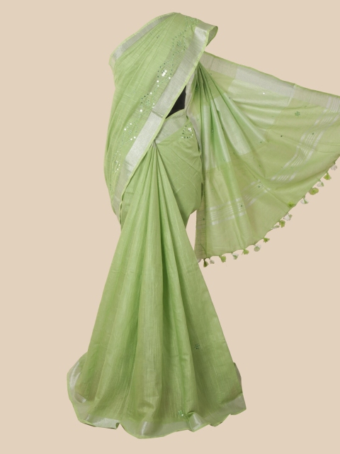 Pothys Green & Silver-Toned Mirror Work Jute Cotton Saree