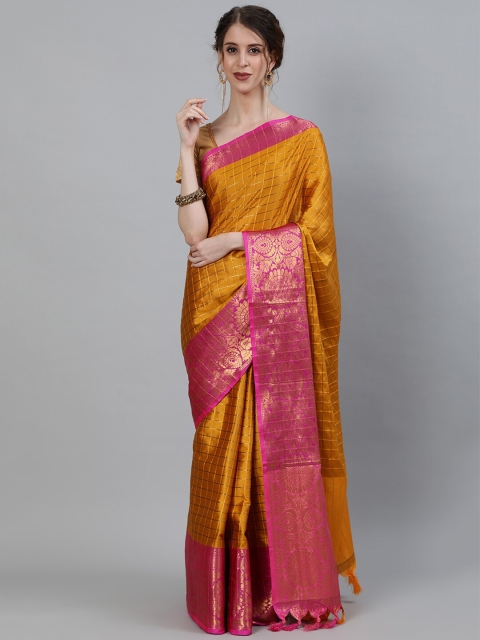 KALINI Mustard & Pink Checked Zari Art Silk Banarasi Saree