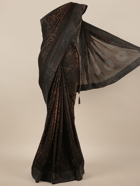 Pothys Brown & Black Woven Design Beads and Stones Jute Silk Saree
