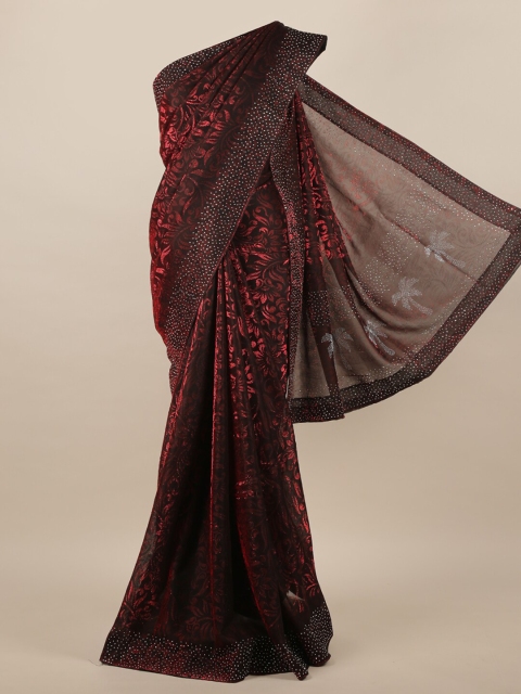 Pothys Maroon Floral Beads and Stones Jute Silk Saree