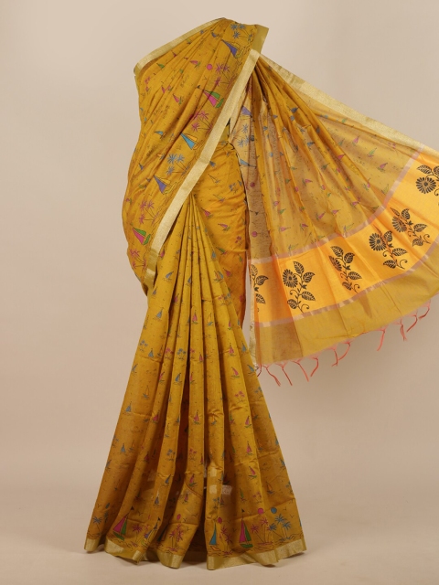 Pothys Mustard Yellow & Green Ethnic Motifs Zari Silk Cotton Saree