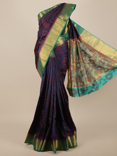Pothys Navy Blue & Gold-Toned Floral Zari Jute Silk Saree