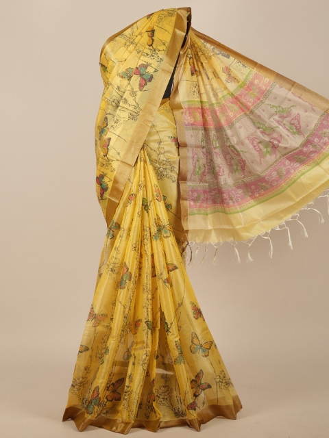 Pothys Yellow & Green Floral Cotton Blend Saree