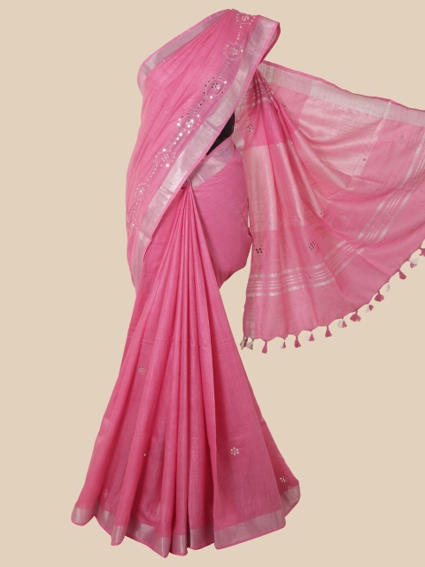 Pothys Pink Mirror Work Jute Cotton Saree