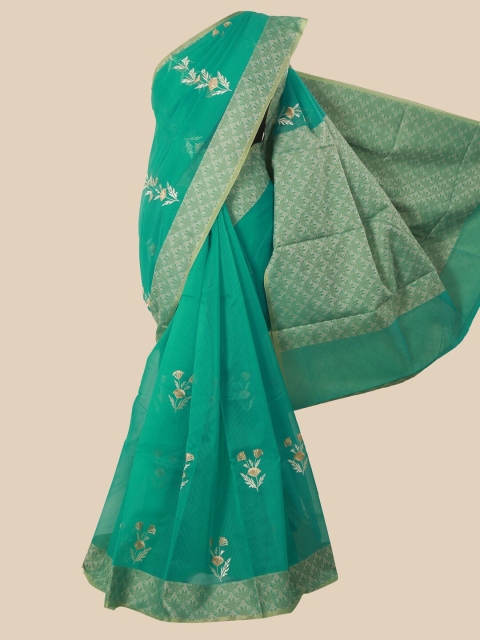 Pothys Green & Beige Floral Embroidered Saree