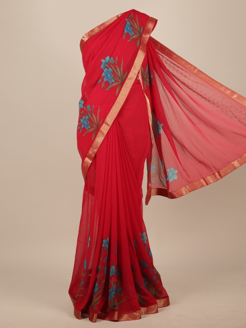 Pothys Red & Blue Floral Saree