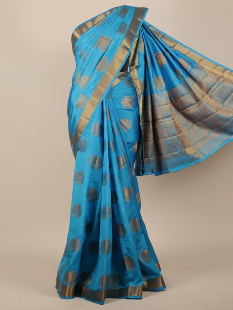 Pothys Blue & Gold-Toned Ethnic Motifs Jute Silk Saree