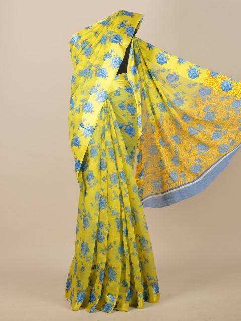 Pothys Yellow & Blue Floral Cotton Blend Saree