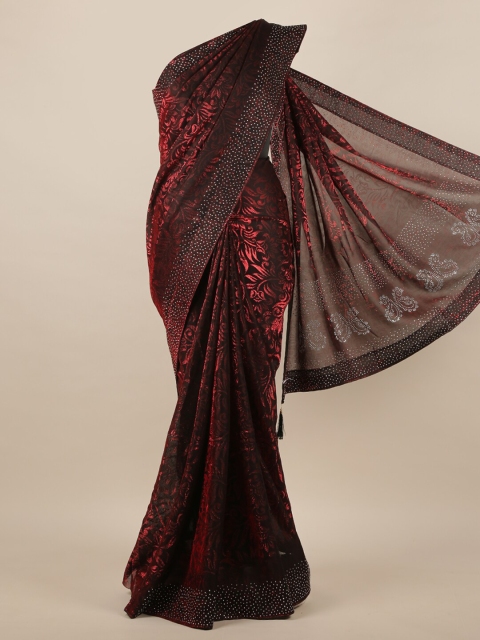 Pothys Maroon & Black Woven Design Beads and Stones Jute Silk Saree