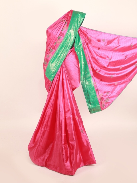 Pothys Pink & Green Floral Embroidered Jute Silk Saree
