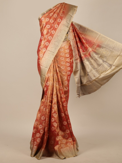 Pothys Rust & Cream-Coloured Floral Zari Jute Silk Saree
