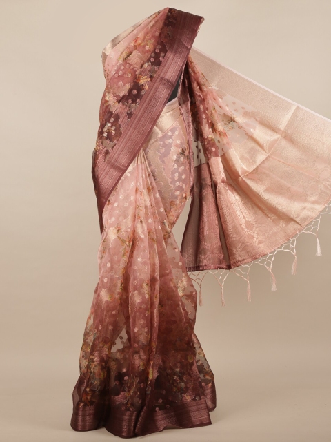 Pothys Brown & Pink Floral Zari Jute Silk Saree
