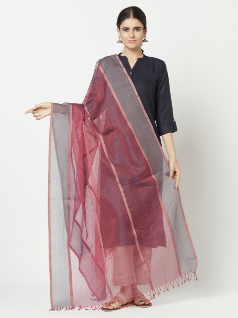 Fabindia Pink & Grey Striped Cotton Silk Dupatta