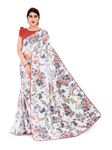 KALINI White & Grey Floral Printed Saree