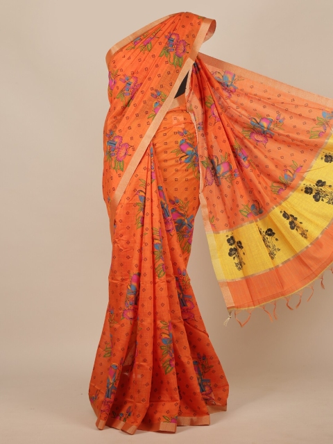 Pothys Orange & Yellow Floral Cotton Blend Saree