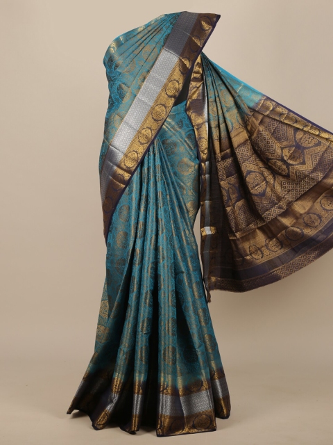 Pothys Blue & Gold-Toned Woven Design Zari Jute Silk Saree