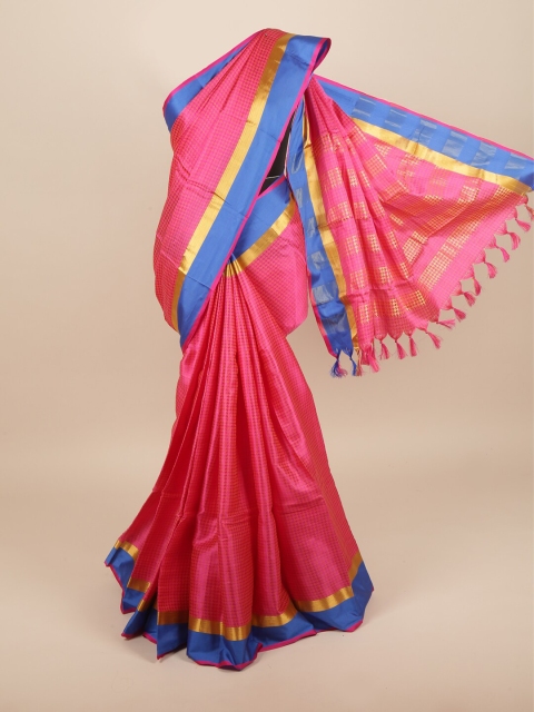 Pothys Pink & Blue Checked Saree