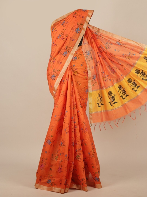 Pothys Orange & Blue Floral Zari Silk Cotton Saree