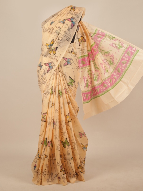Pothys Peach-Coloured & Blue Floral Cotton Blend Saree