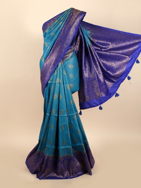 Pothys Blue & Gold-Toned Woven Design Zari Jute Silk Saree