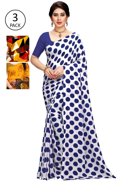 KALINI Pack of 3 Printed Sarees with Unstitched Blouse Pieces, Multi