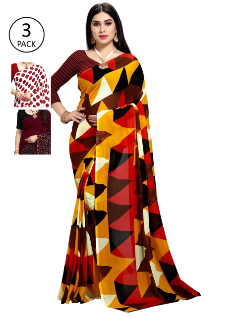 KALINI Pack Of 3 Red & Burgundy Saree
