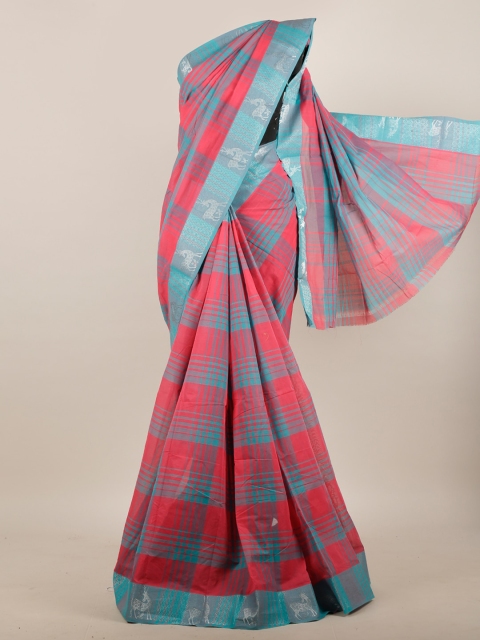 Pothys Pink & Turquoise Blue Checked Zari Pure Cotton Saree